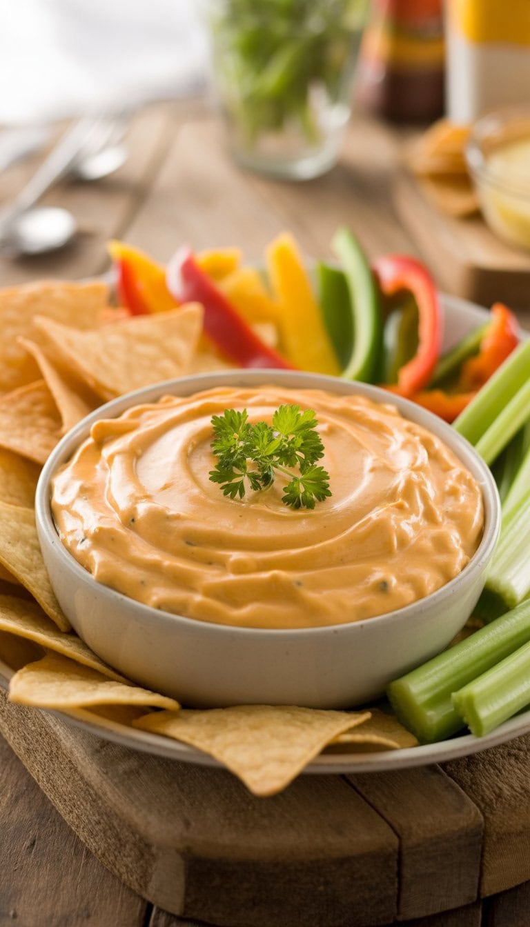 A bowl of creamy cheese dip garnished with herbs, surrounded by tortilla chips and fresh vegetable sticks on a wooden table.
