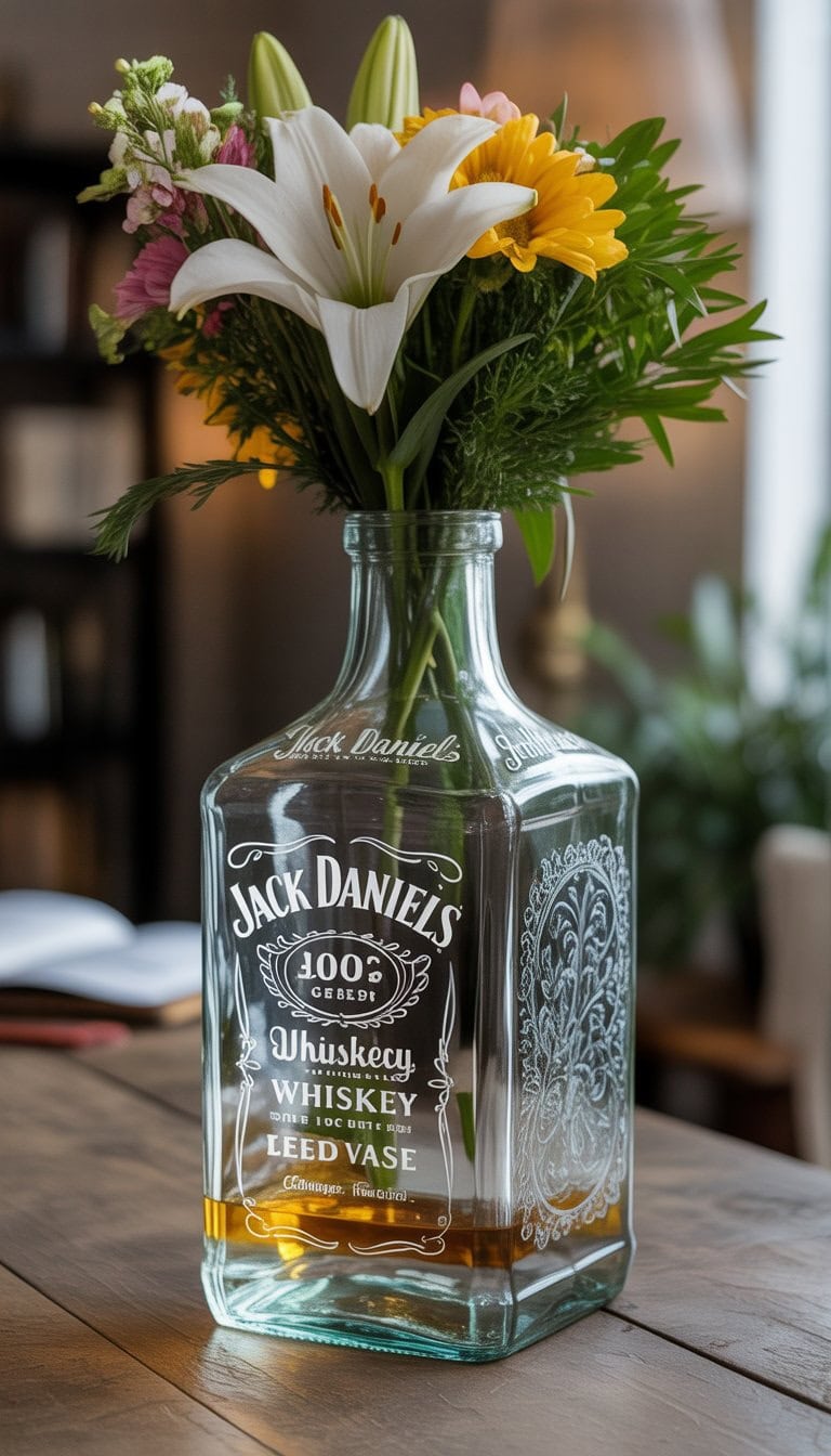 A clear Jack Daniels bottle etched with decorative designs used as a vase holding a colorful bouquet of flowers on a wooden table.