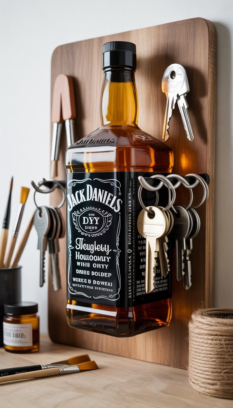 An empty Jack Daniels bottle mounted on a wooden board used as a key holder with keys hanging from hooks.