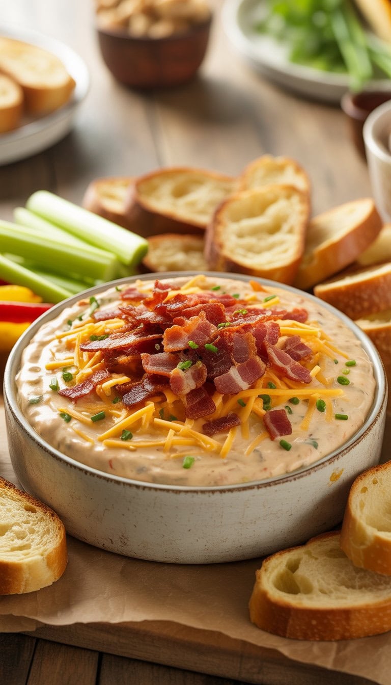 A bowl of creamy bacon ranch dip garnished with bacon and chives, surrounded by bread slices and vegetable sticks on a wooden table.