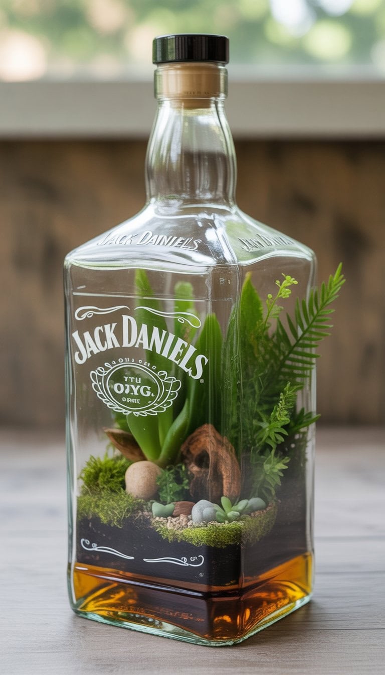 A Jack Daniels whiskey bottle repurposed as a terrarium with green plants and small stones inside, placed on a wooden surface.