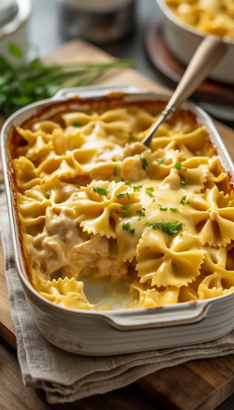 A bowl of creamy Velveeta cheese and bowtie pasta bake garnished with chopped herbs on a wooden table.