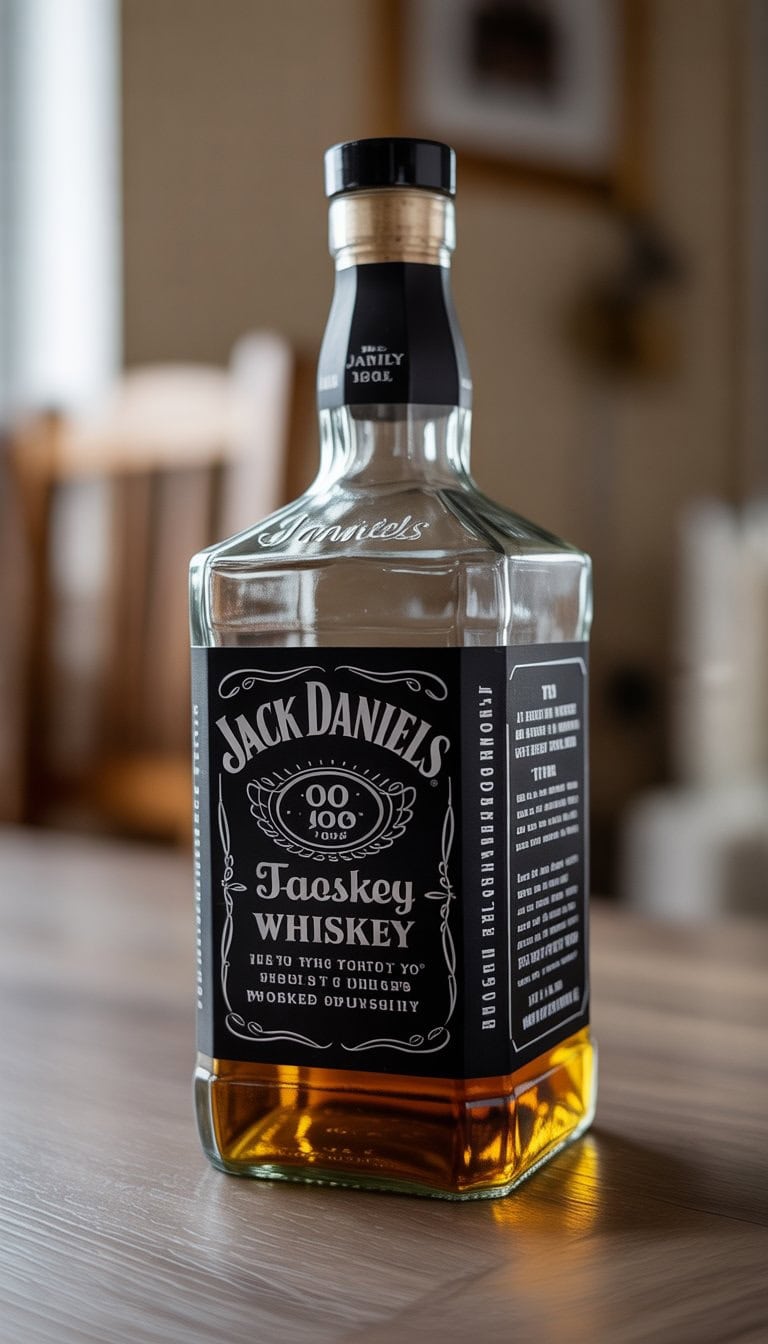 A Jack Daniels whiskey bottle repurposed as a table clock, sitting on a wooden surface.