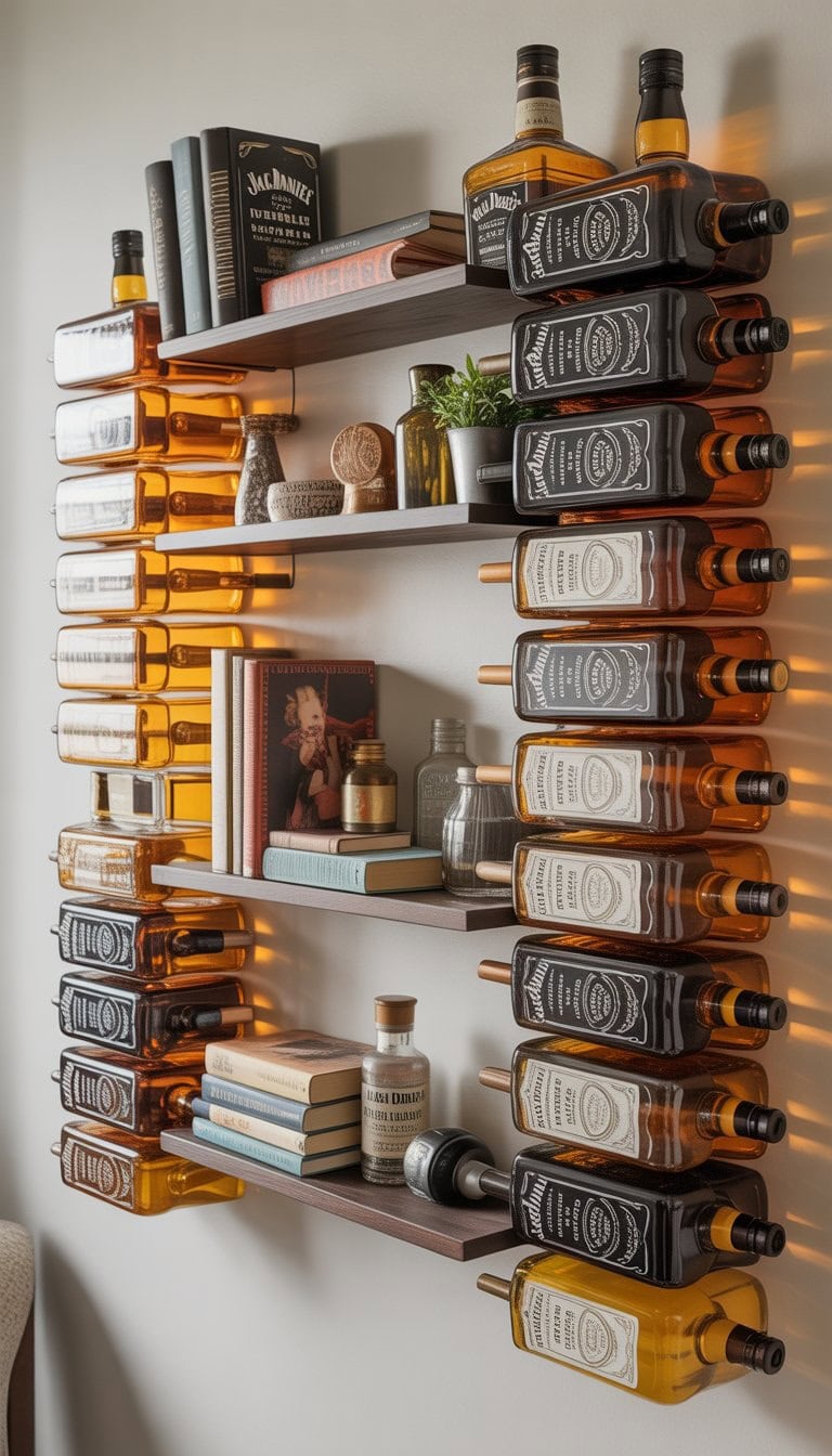 A wall shelf made from 25 empty Jack Daniels bottles holding books and small decorative items.