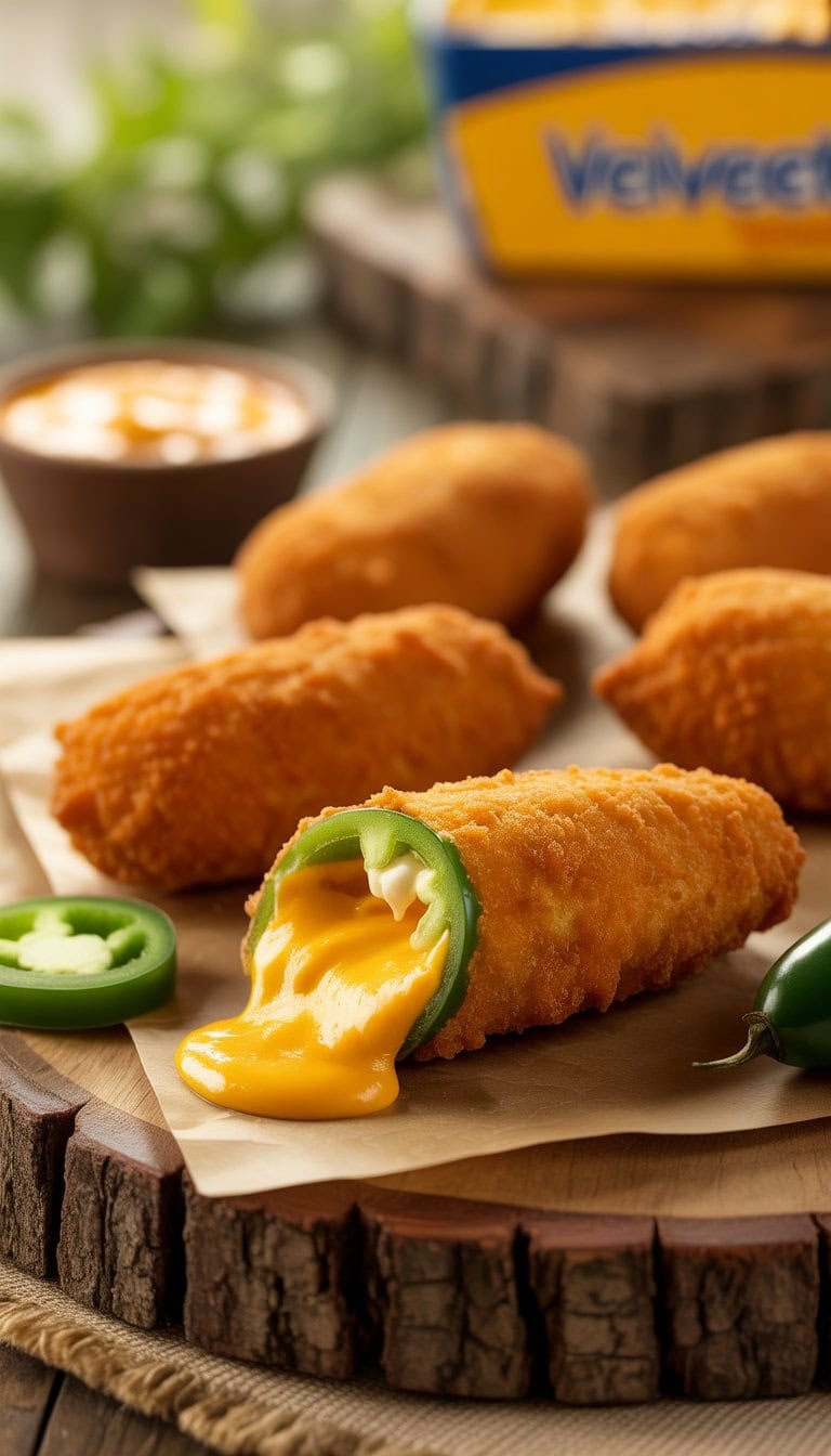 Close-up of golden jalapeño poppers filled with melted cheese on a wooden board with jalapeño slices and dipping sauce.