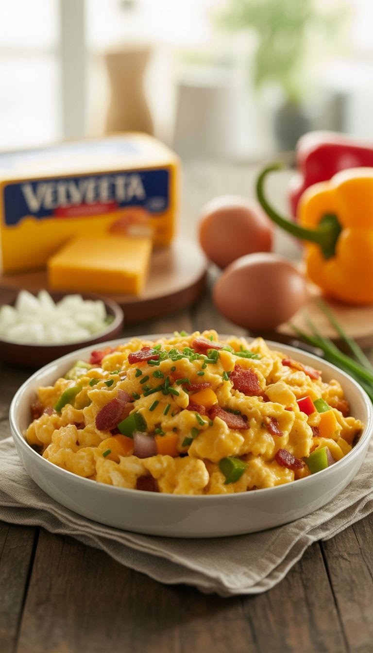 A bowl of scrambled eggs mixed with melted cheese, diced peppers, onions, and bacon on a wooden table with ingredients around it.