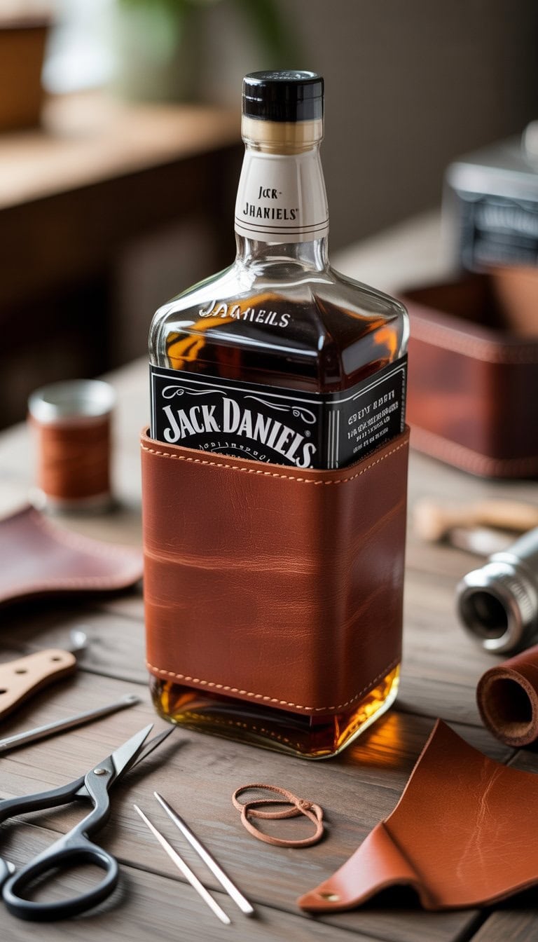 A leather-wrapped flask made from a Jack Daniels bottle sits on a wooden table surrounded by leatherworking tools.