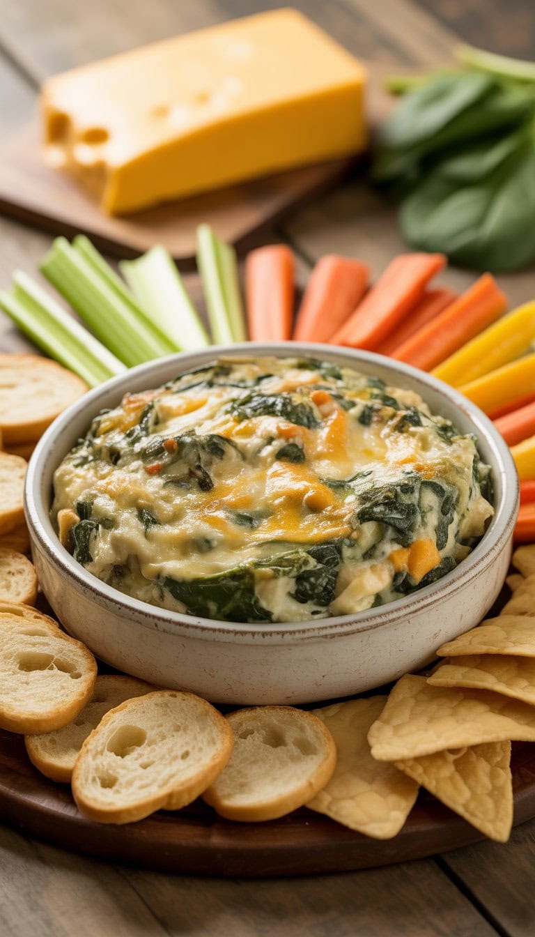 A bowl of creamy spinach artichoke dip surrounded by vegetable sticks, toasted bread slices, and tortilla chips on a wooden table.