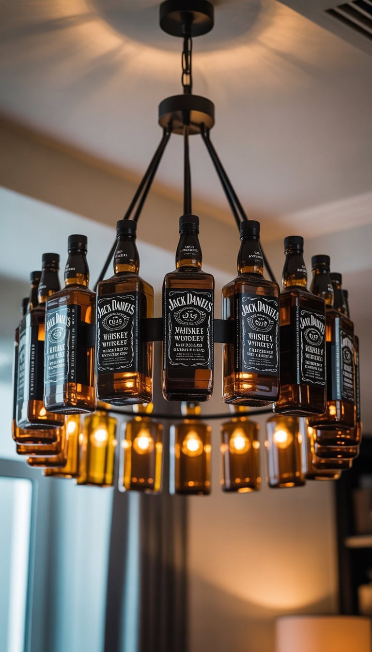 A chandelier made from multiple empty Jack Daniels bottles hanging from a ceiling with warm lights inside each bottle.