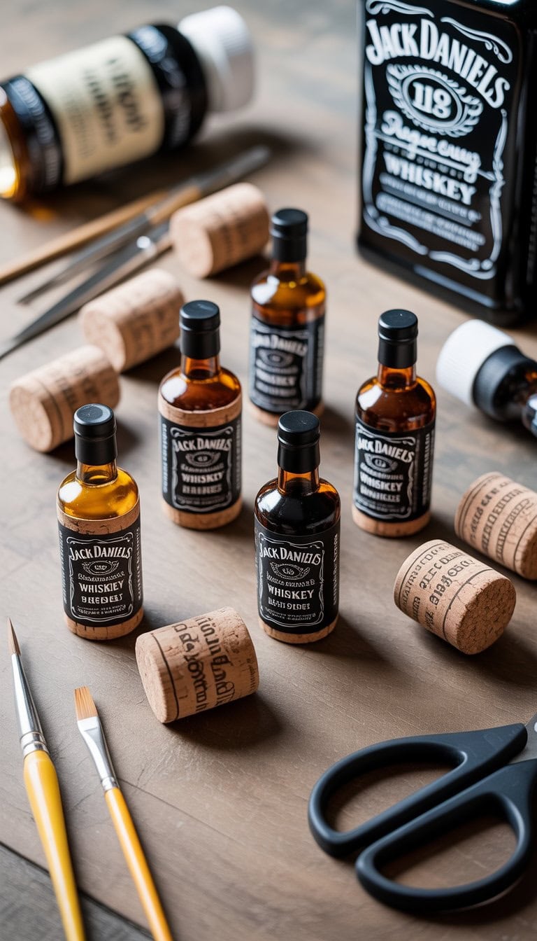 A collection of handmade bottle magnets made from corks and miniature Jack Daniels bottle designs arranged on a wooden surface with crafting tools nearby.
