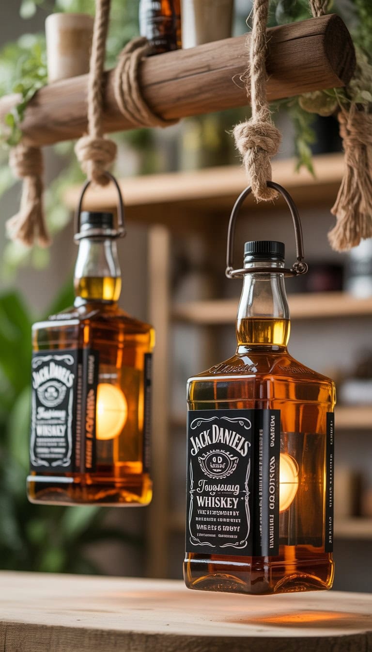 Several empty Jack Daniels bottles repurposed as hanging lanterns glowing warmly, suspended by ropes against a natural wooden background.