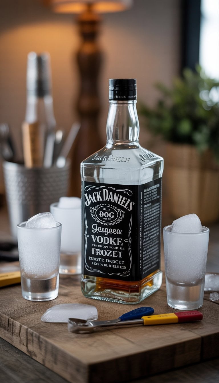 An empty Jack Daniels bottle filled with frozen vodka surrounded by ice shot glasses on a wooden surface.