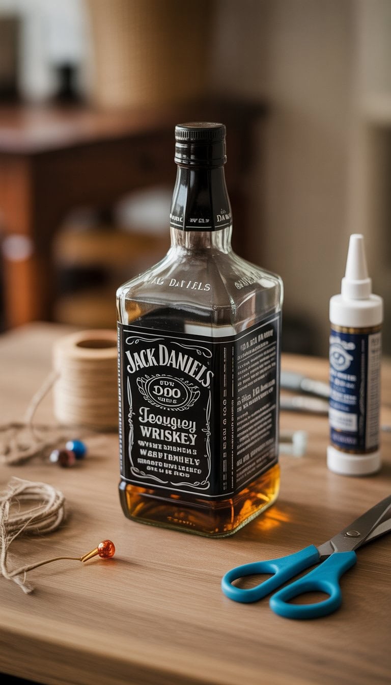 An empty Jack Daniels bottle transformed into a picture frame sitting on a wooden surface with crafting tools around it.