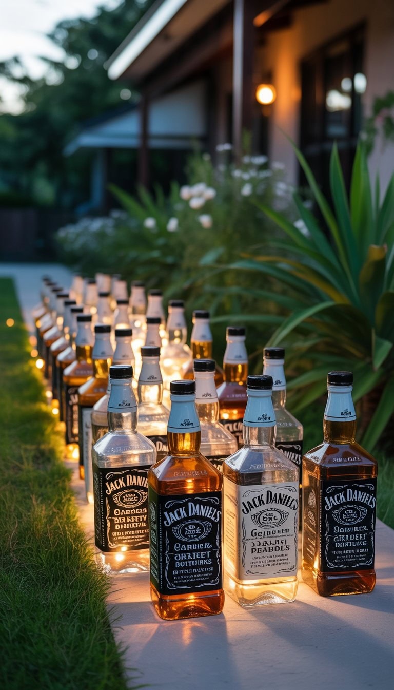 Outdoor garden pathway lined with glowing Jack Daniels bottles used as decorative lights surrounded by plants and flowers at twilight.