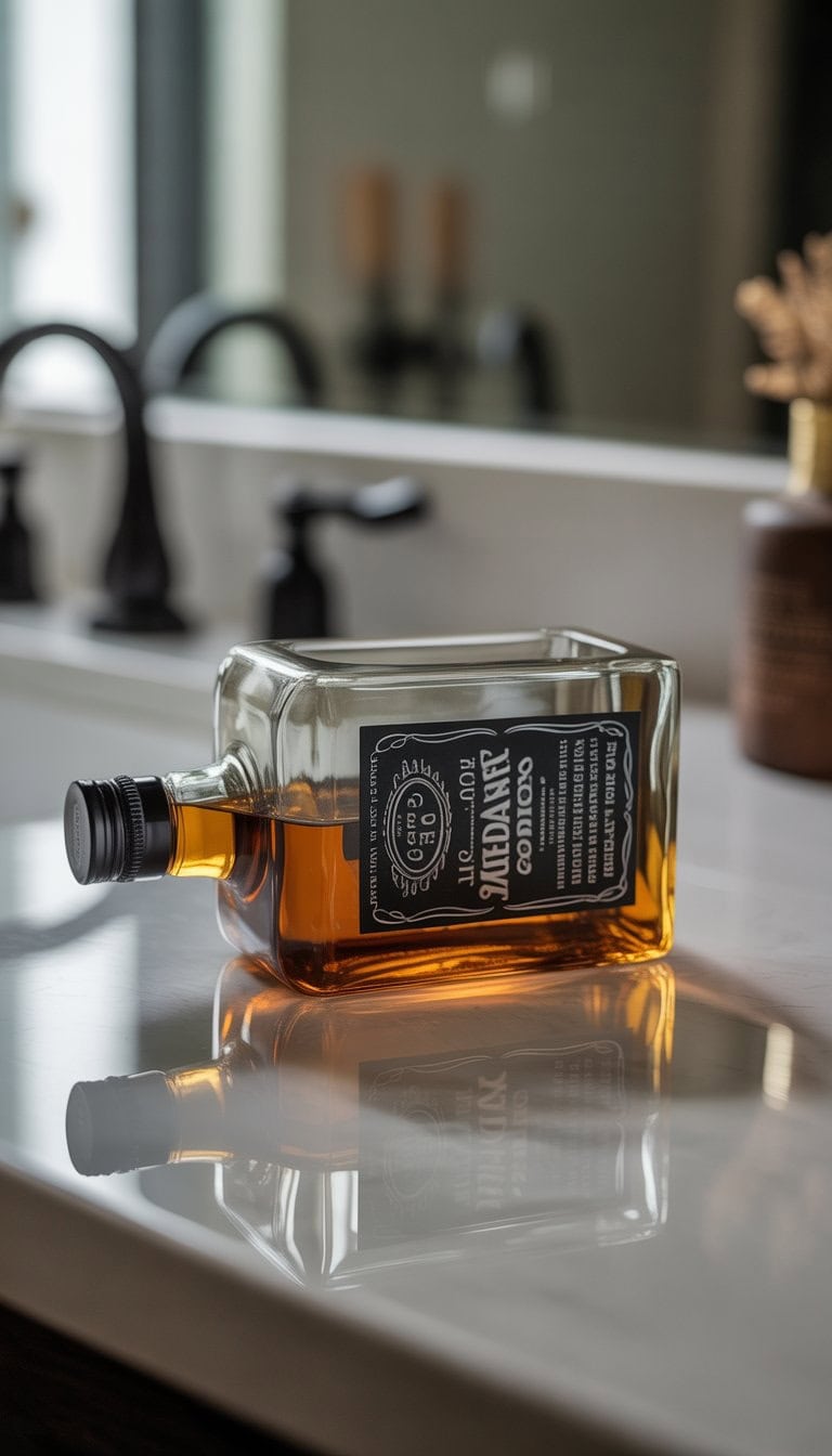 A soap dish made from a repurposed empty Jack Daniels whiskey bottle placed on a bathroom countertop.