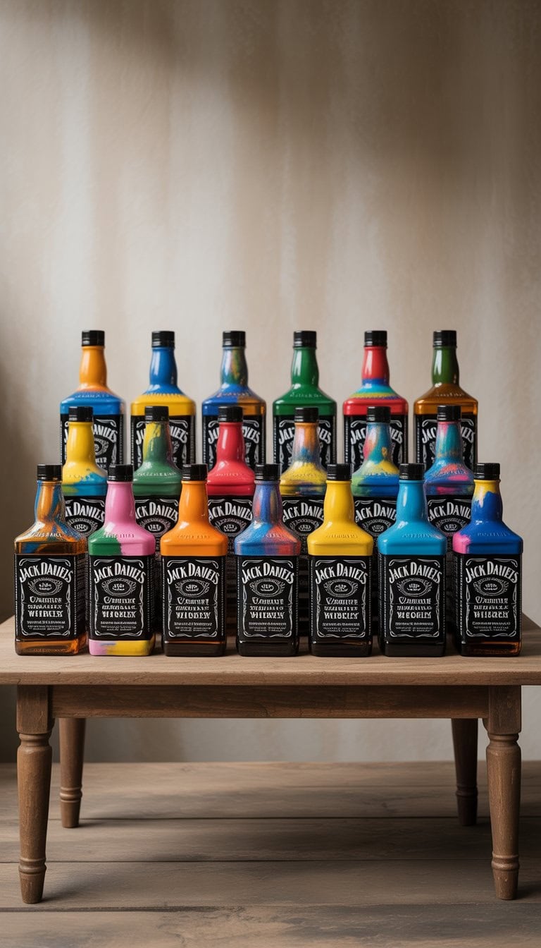 A collection of 25 empty Jack Daniels bottles painted with colorful designs arranged on a wooden table.