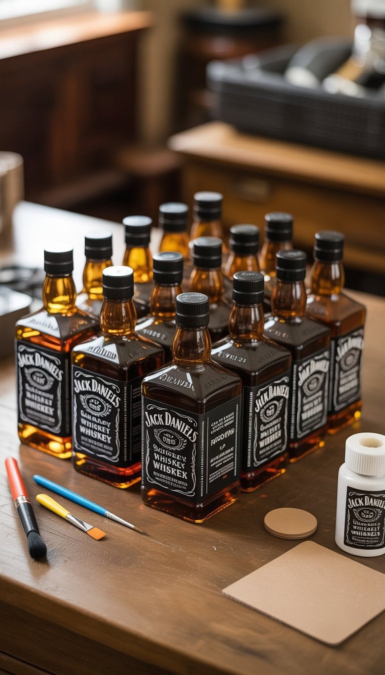 A collection of round coasters made from repurposed Jack Daniels whiskey bottles arranged on a wooden table with crafting supplies nearby.