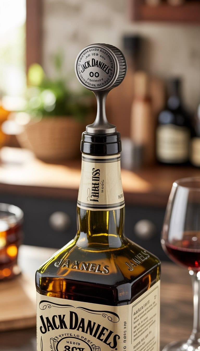 A close-up of a Jack Daniels bottle neck transformed into a wine stopper, placed on a wooden surface with a blurred warm background.