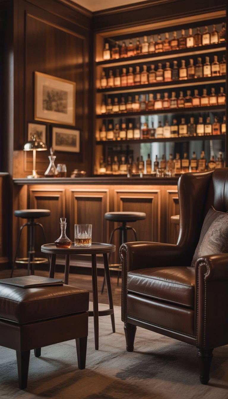 A cozy home whiskey lounge with wooden shelves full of whiskey bottles, a leather armchair, a small table with a glass of whiskey, and warm ambient lighting.