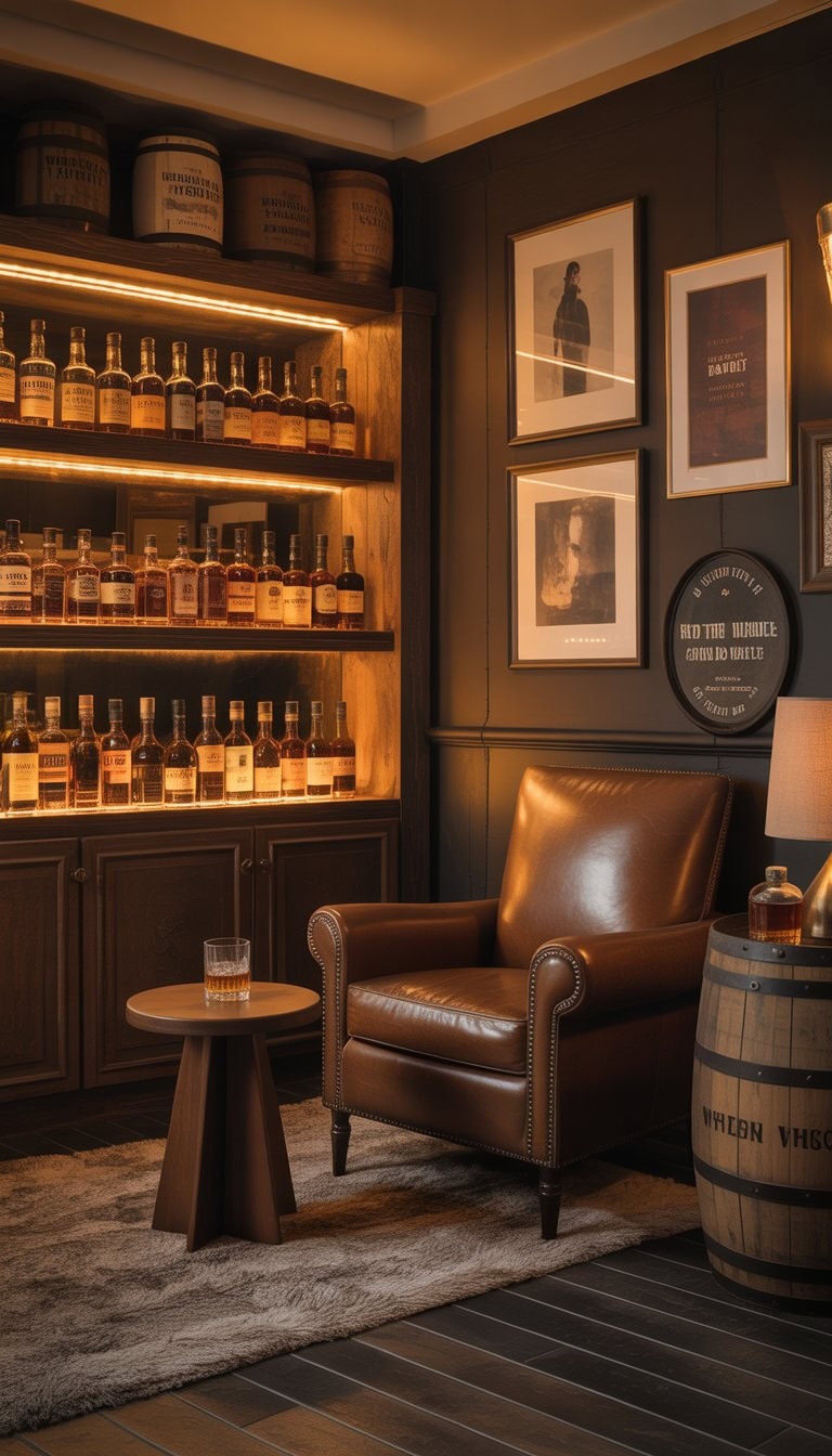 A cozy basement corner with wooden shelves of whiskey bottles, a leather armchair, and a small table holding a glass of whiskey.