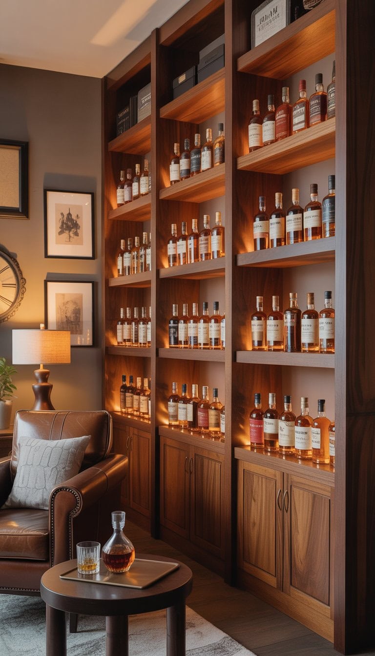 A home whiskey lounge with custom wood shelves displaying a variety of whiskey bottles, a leather armchair, and a small table with a whiskey glass and decanter.