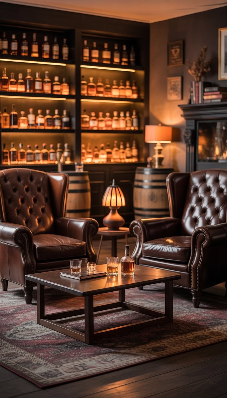A cozy home lounge with dark leather armchairs around a wooden table, shelves of whiskey bottles, warm lighting, and a fireplace.