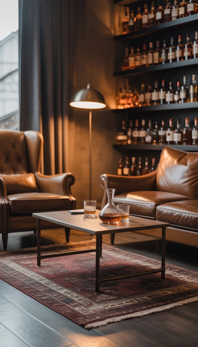 A cozy home whiskey lounge with leather seating arranged around a wooden coffee table on a patterned vintage rug, with whiskey bottles displayed on shelves in the background.
