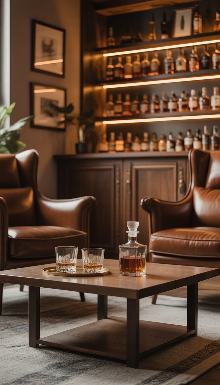 A cozy home whiskey lounge with warm lighting, leather chairs, a wooden bar, and whiskey bottles on shelves.