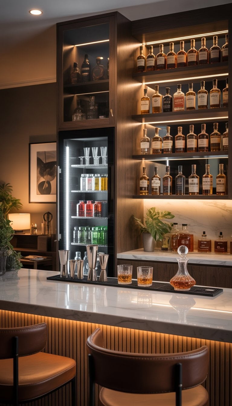 A modern home whiskey lounge with a sleek cocktail bar, built-in fridge, whiskey bottles on shelves, and leather bar stools.