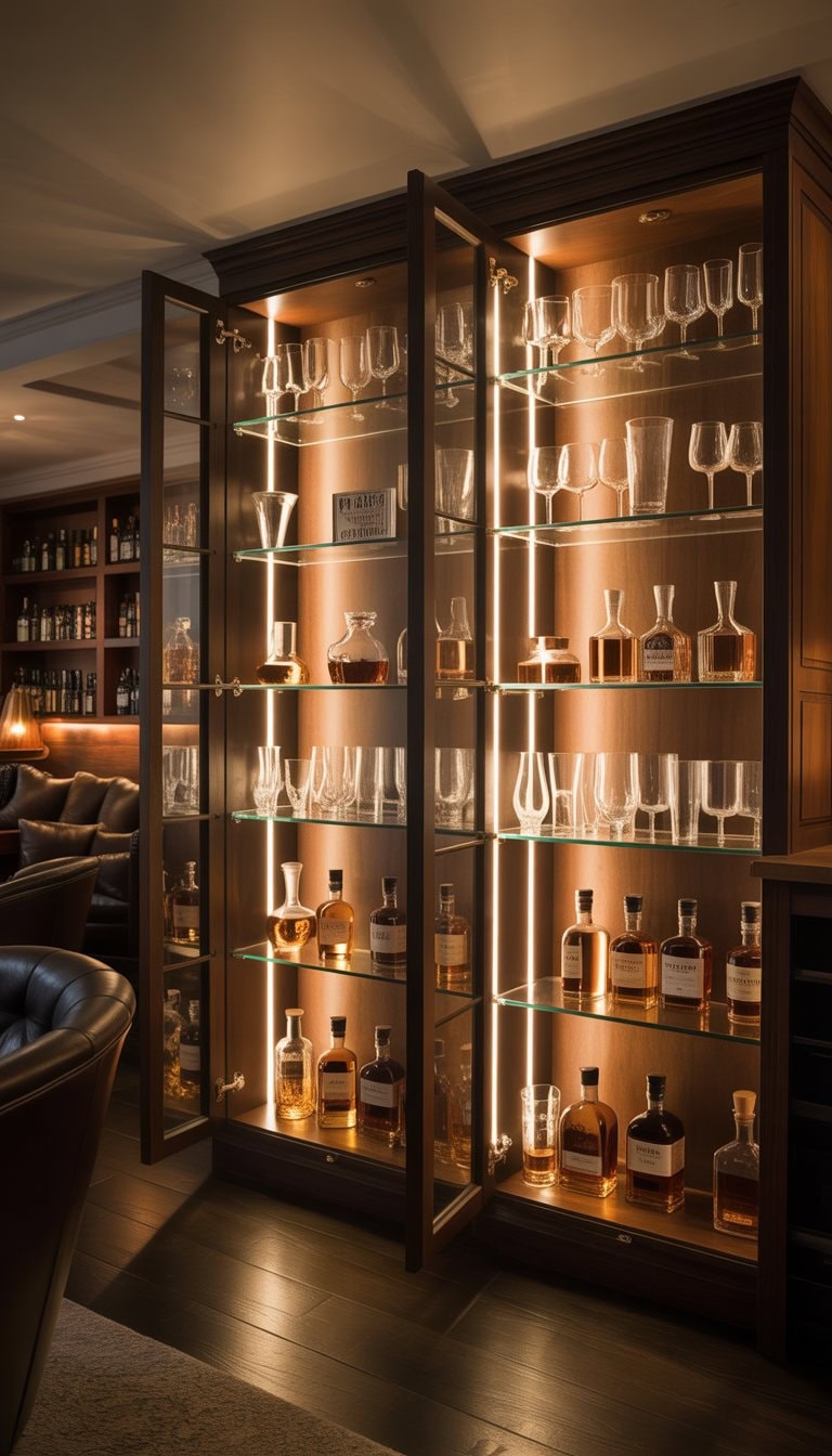 Open illuminated cabinets displaying whiskey glassware in a home lounge setting with leather chairs and a wooden bar counter.