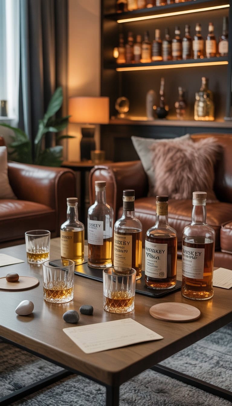 A cozy home whiskey lounge with a tasting table set for friends and family, featuring whiskey bottles, glasses, and comfortable seating.