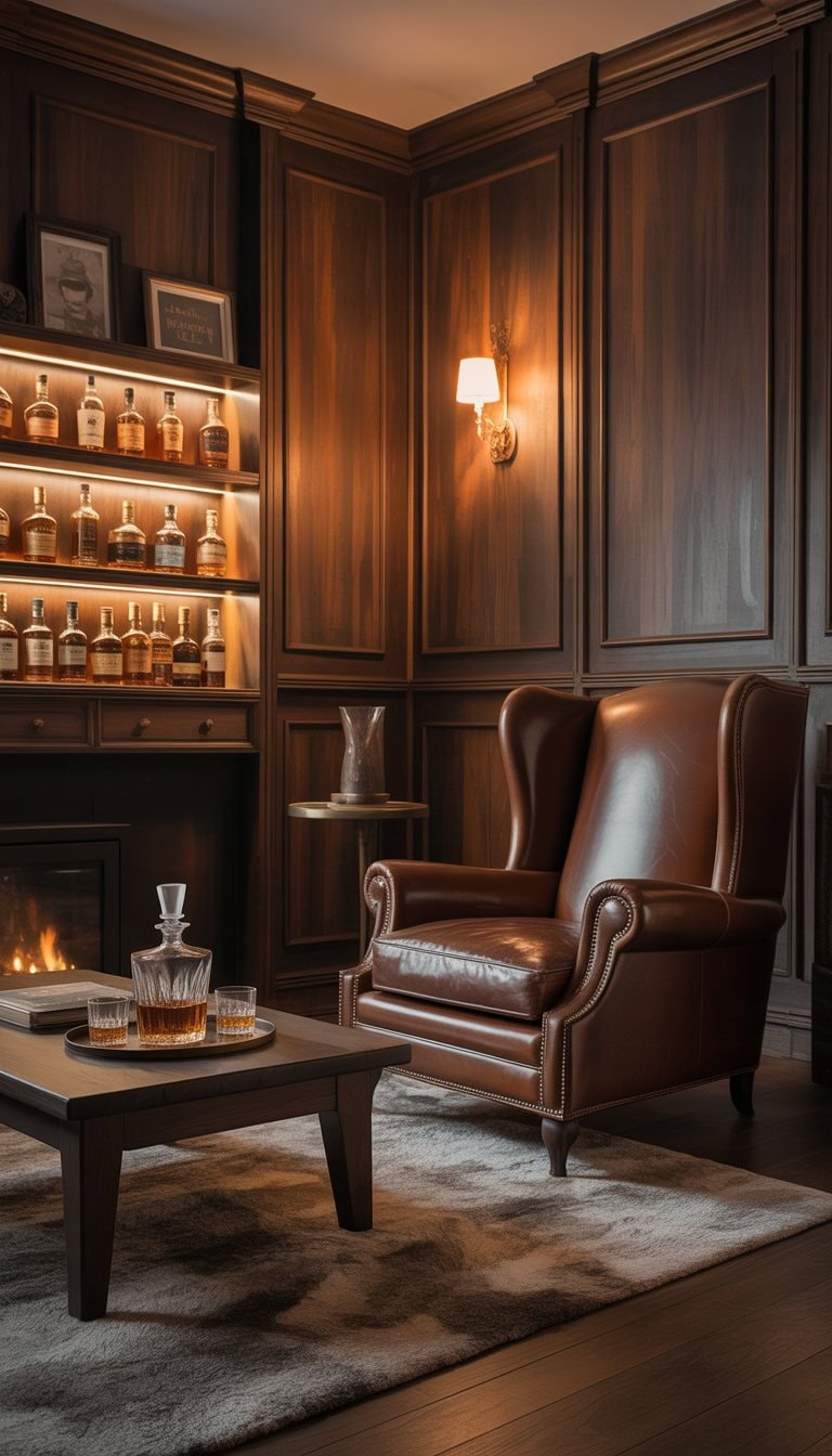 A cozy home whiskey lounge with dark wood walls, leather armchair, whiskey bottles on shelves, and a fireplace.