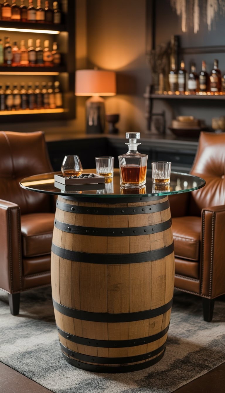 A home whiskey lounge with a whiskey barrel tabletop centerpiece surrounded by leather chairs, whiskey glasses, and bottles on shelves in a cozy setting.