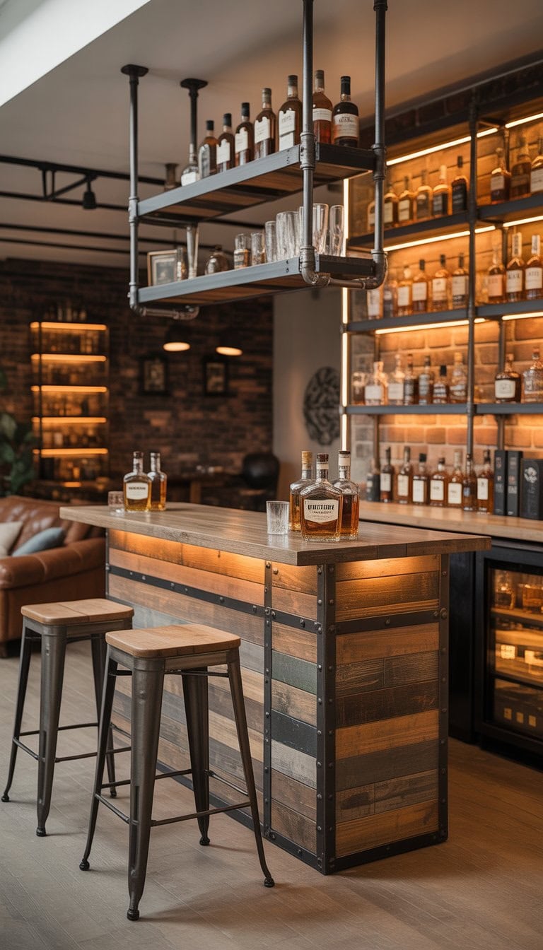 A home whiskey lounge with a wooden bar, metal stools, shelves of whiskey bottles, and leather seating.