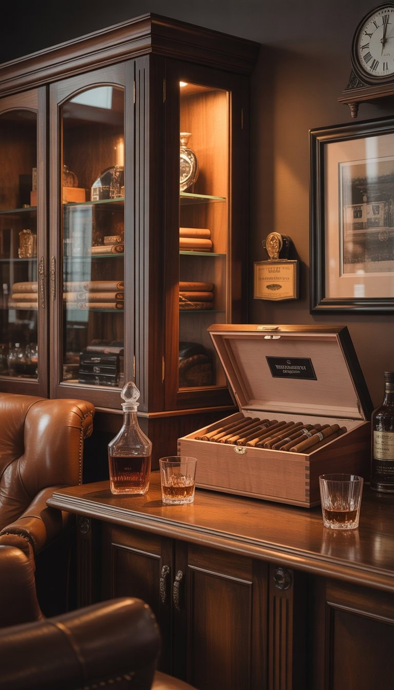 A cozy home whiskey lounge corner with a humidor filled with cigars next to a whiskey decanter and glasses on a wooden bar counter.