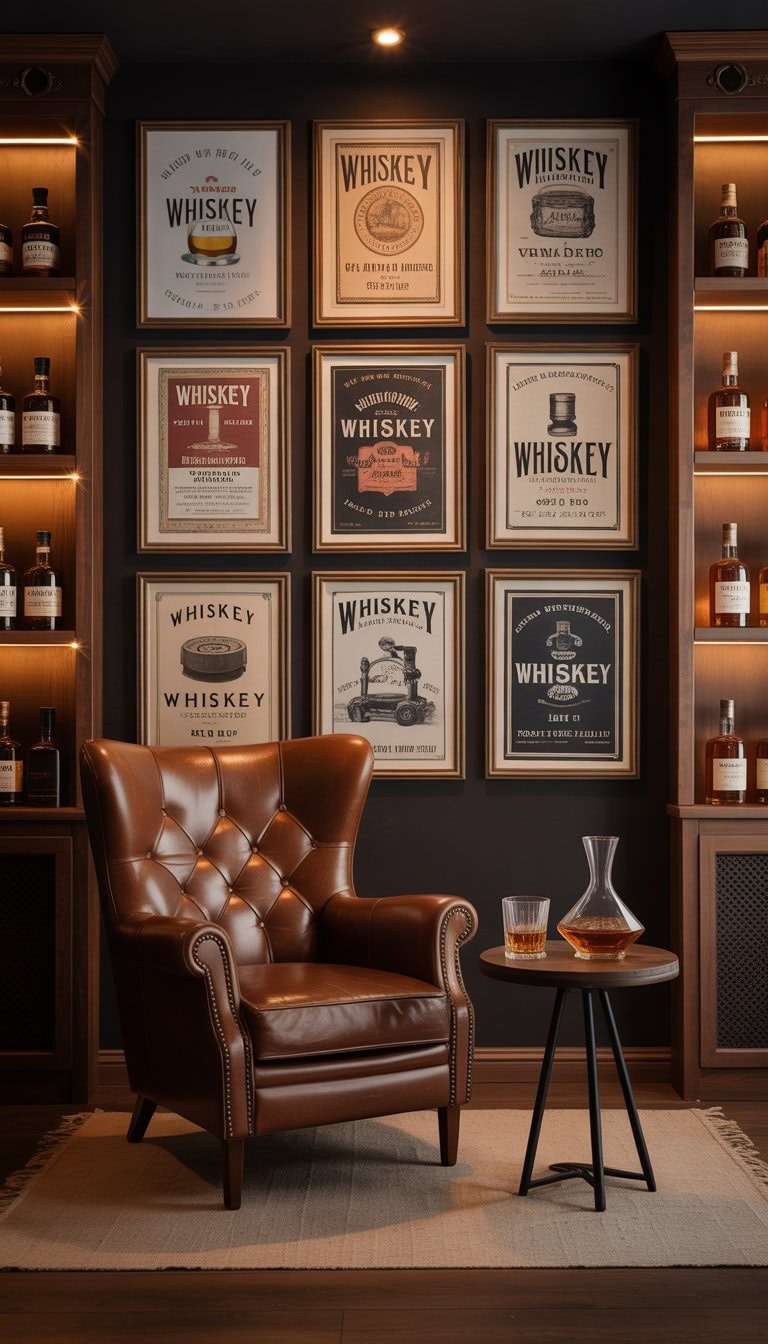 A cozy home whiskey lounge with a leather armchair, wooden table holding a glass and decanter, and framed vintage whiskey art on the wall.