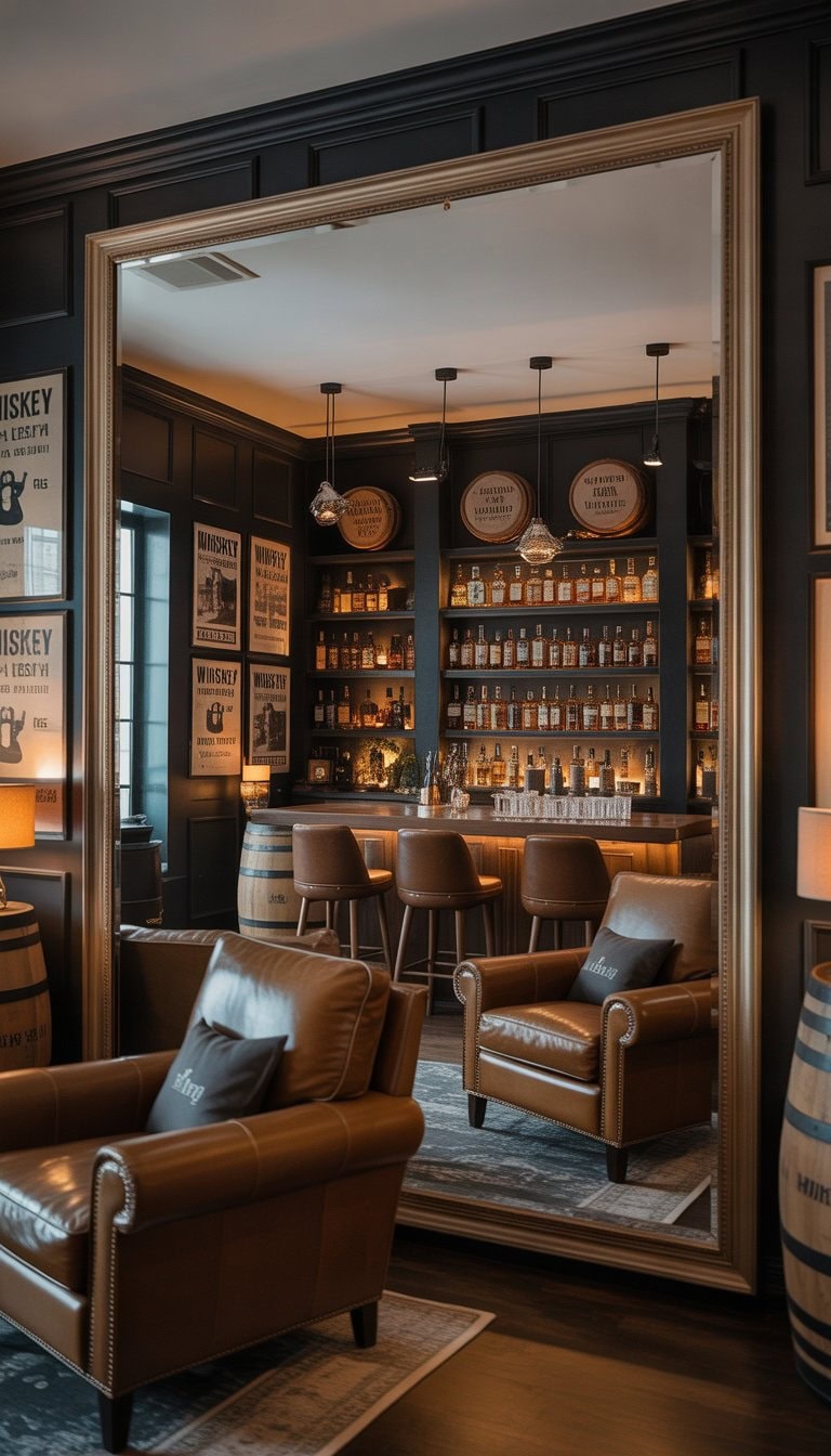 A home whiskey lounge with leather chairs, a wooden bar stocked with whiskey bottles, and a large wall mirror reflecting the room.