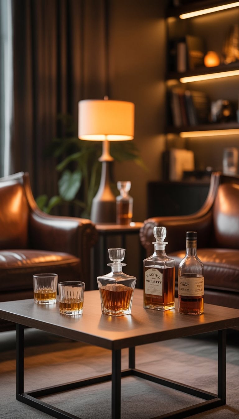 A cozy home whiskey lounge with leather chairs, a wooden table holding whiskey glasses and bottles, softly lit by warm lamps.