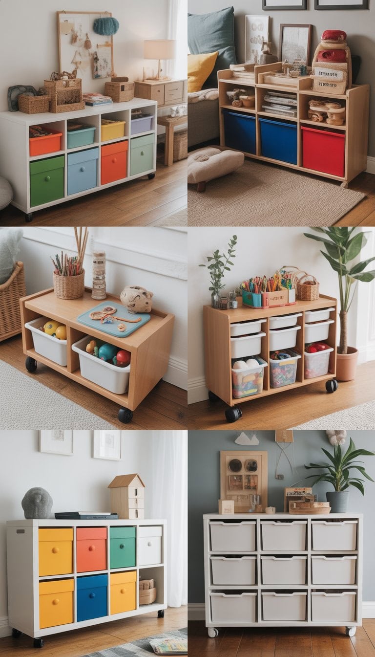 A bright room displaying various creatively customized IKEA Trofast storage units used for organizing toys and craft supplies.