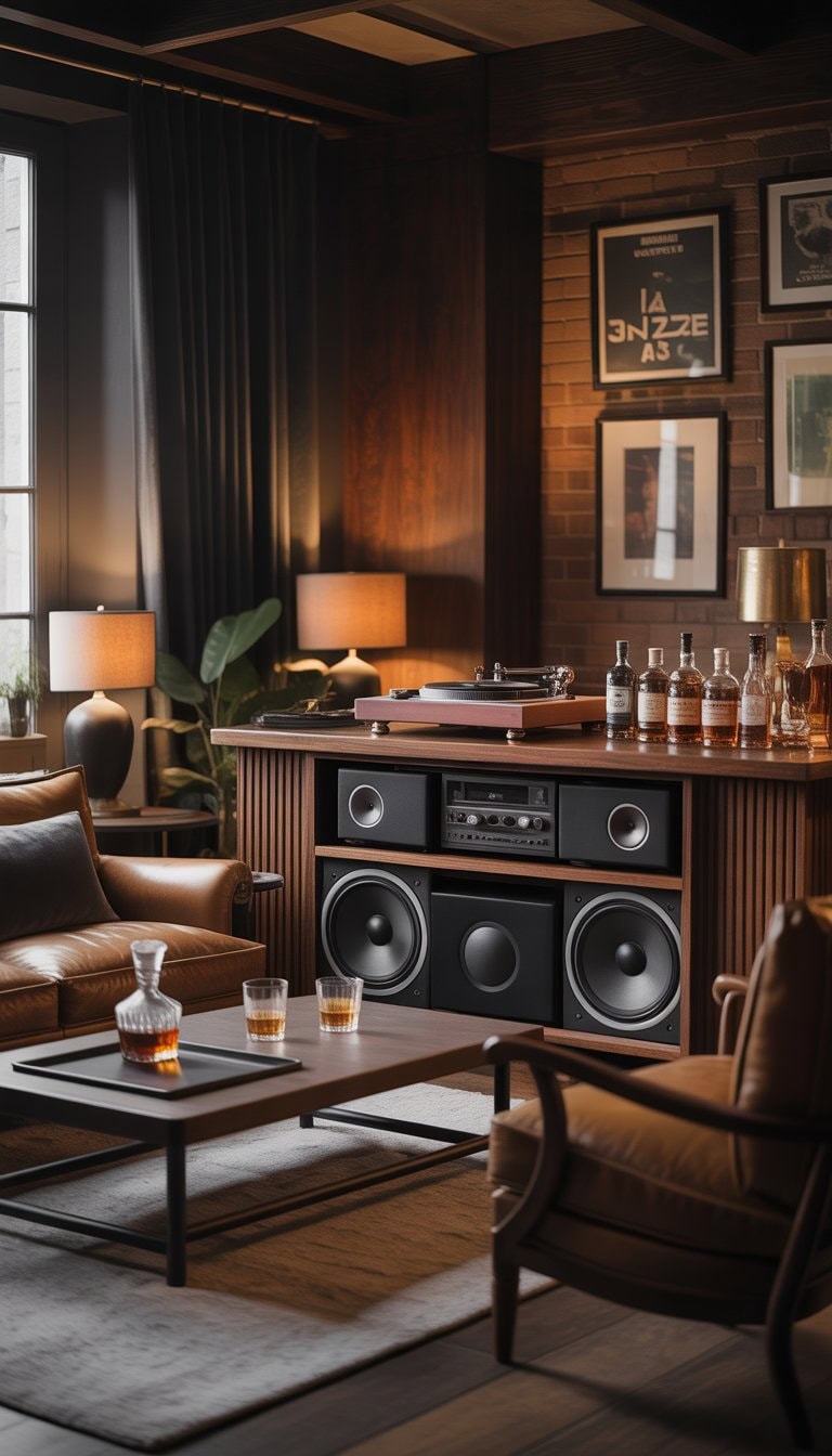 A cozy home whiskey lounge with leather chairs, a wooden bar with whiskey bottles, a sound system, and warm lighting.