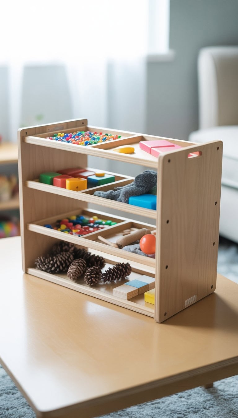 An upside-down IKEA TROFAST shelf used as a sensory play tray filled with colorful beads, toys, and textured materials on a light surface.