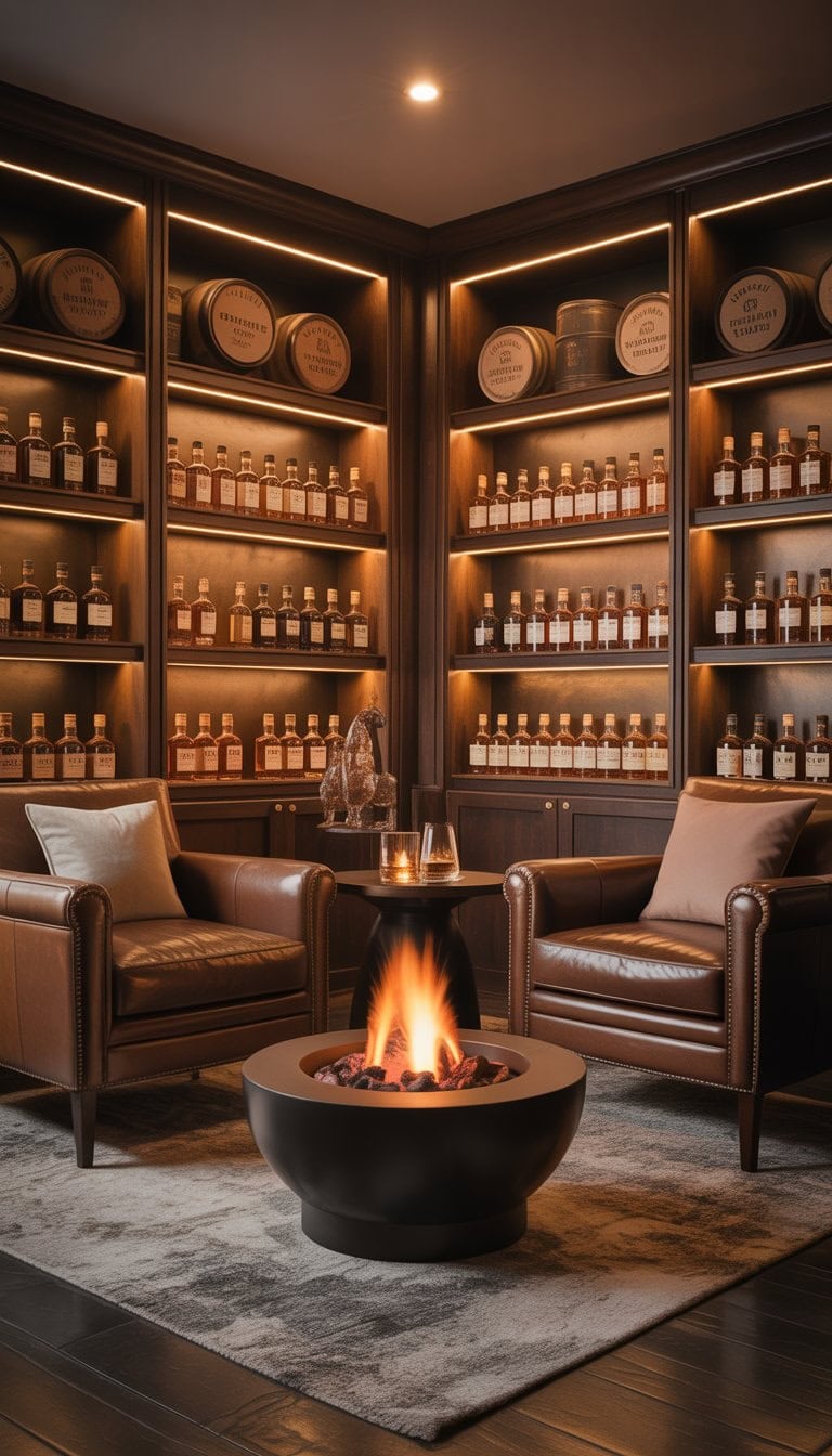 A cozy home whiskey lounge with a small fire pit or electric fireplace surrounded by leather chairs and whiskey bottles on wooden shelves.