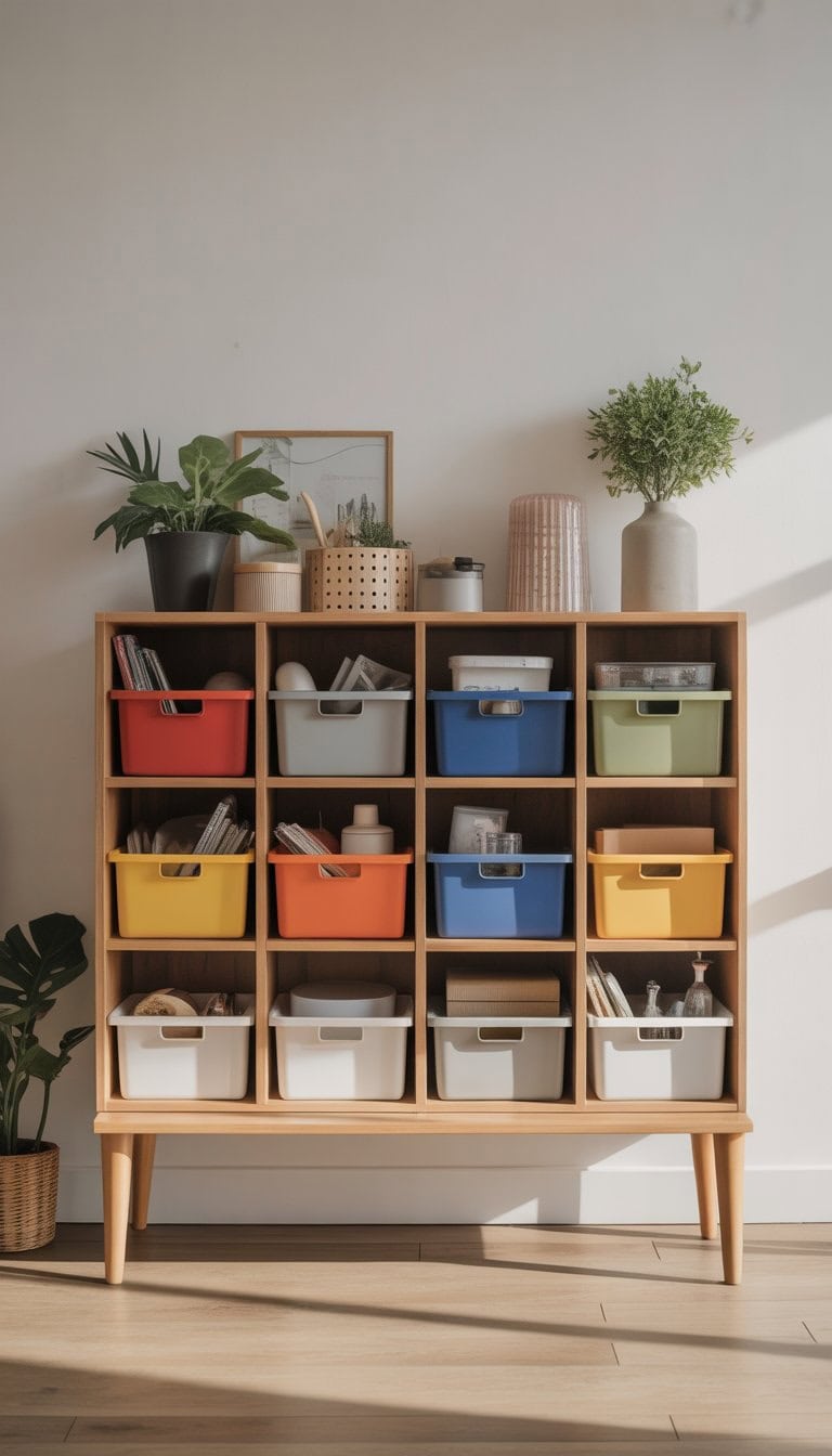 A raised storage unit with legs on the bottom shelf holding colorful bins and household items.