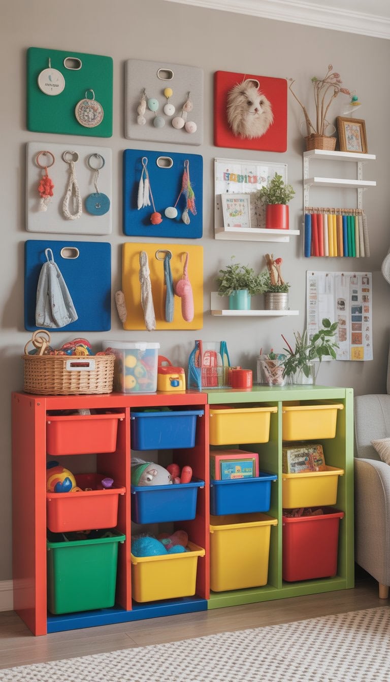 A brightly painted IKEA TROFAST storage frame with colorful bins organized with toys and craft supplies, surrounded by various creative storage and organization ideas.