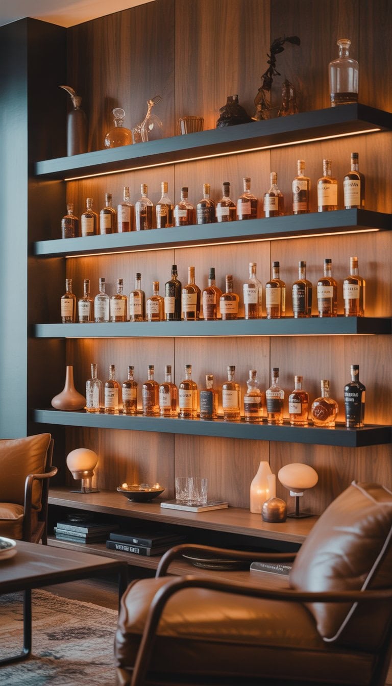 A home whiskey lounge with floating shelves displaying whiskey bottles and glassware above a cozy seating area.