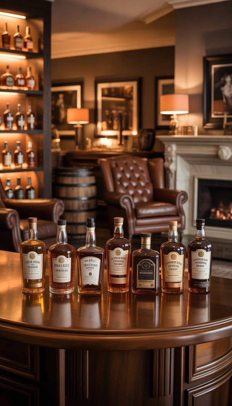 A cozy home whiskey lounge with rare whiskey bottles on a wooden bar, leather chairs, and warm lighting.