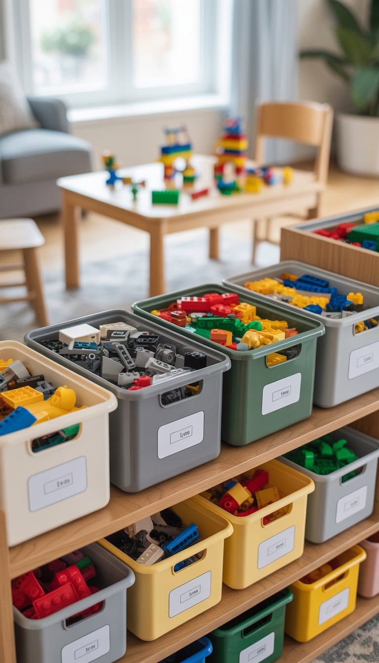 A neatly organized playroom with IKEA TROFAST bins storing colorful LEGO bricks on wooden shelves and a children's play table with LEGO creations nearby.