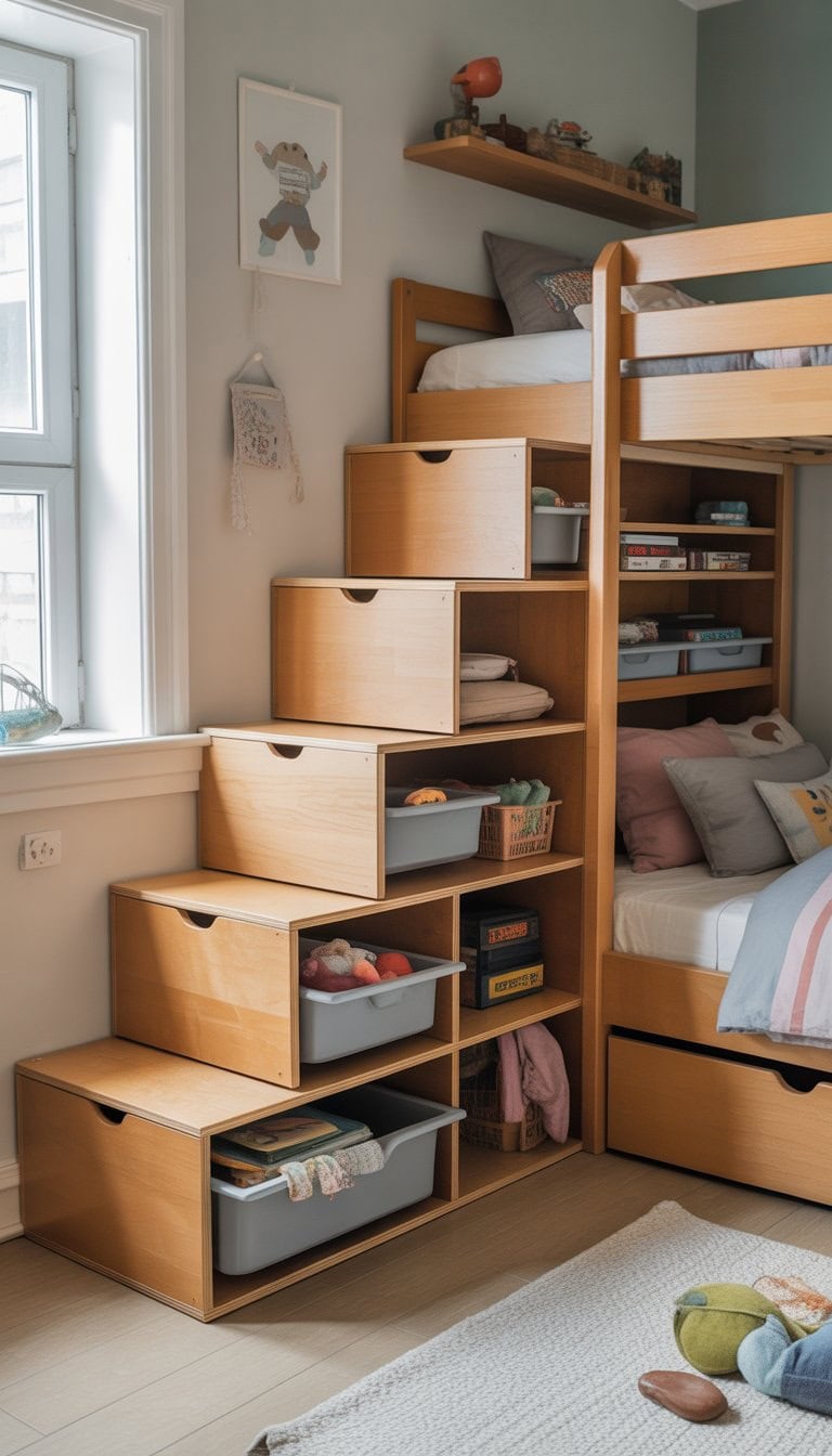 A children's bedroom with a bunk bed staircase made from storage drawers, featuring built-in drawers under each step filled with toys and clothes.