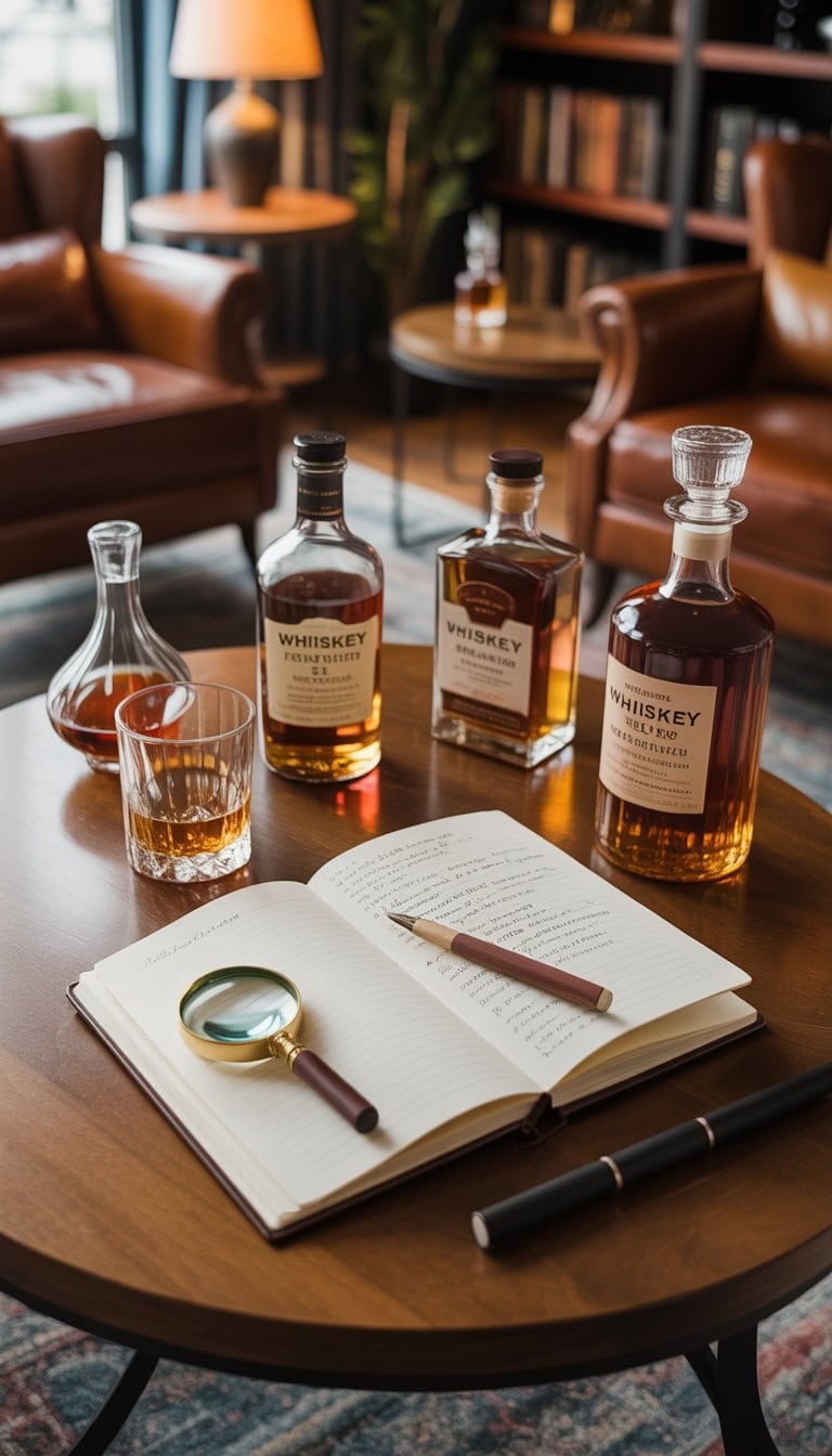 A whiskey tasting journal station with an open journal, whiskey bottles, a glass of whiskey, and a cozy home lounge setting.