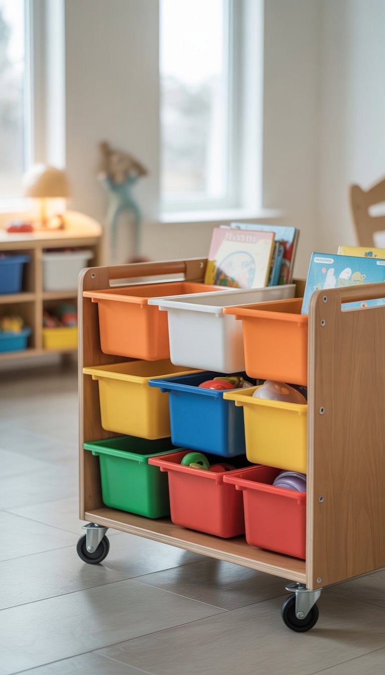 A mobile toy storage cart made from IKEA TROFAST units with colorful bins and caster wheels in a bright playroom.